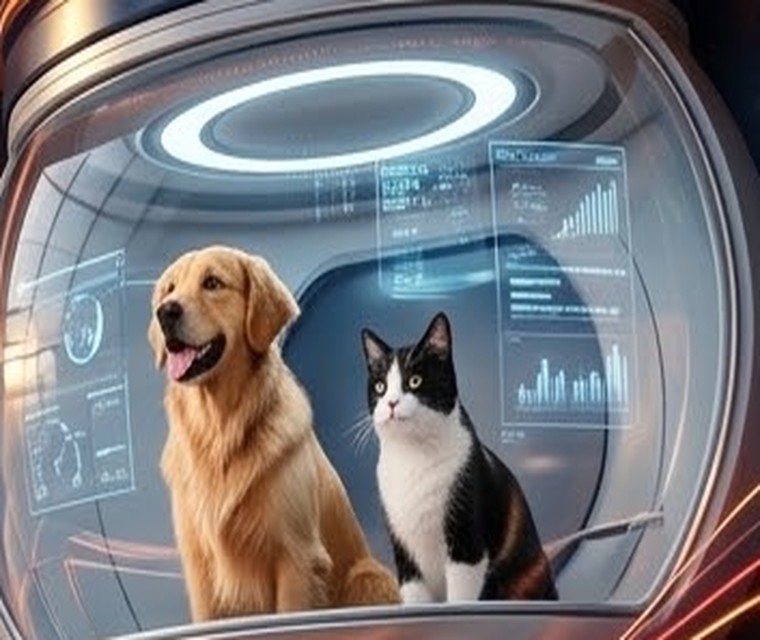 Dog and cat inside a futuristic Petaria care pod